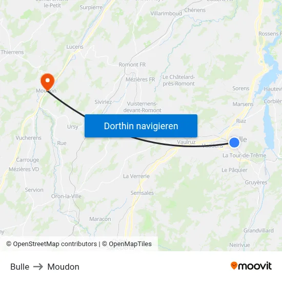 Bulle to Moudon map
