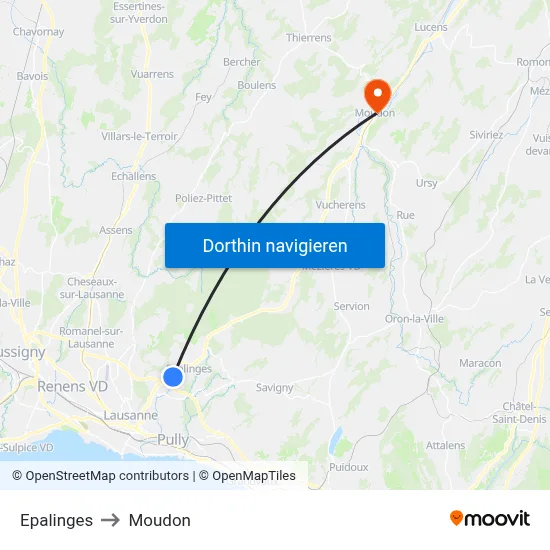 Epalinges to Moudon map