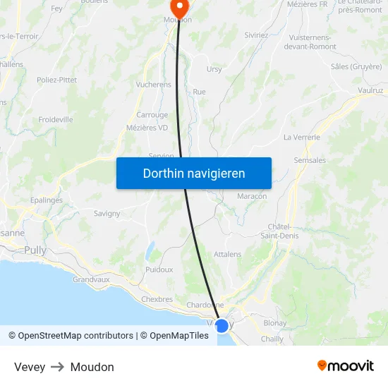 Vevey to Moudon map
