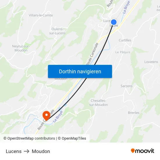 Lucens to Moudon map