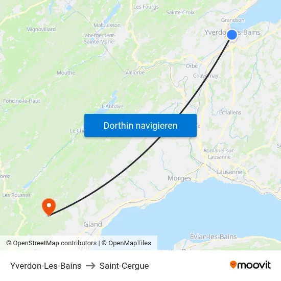 Yverdon-Les-Bains to Saint-Cergue map