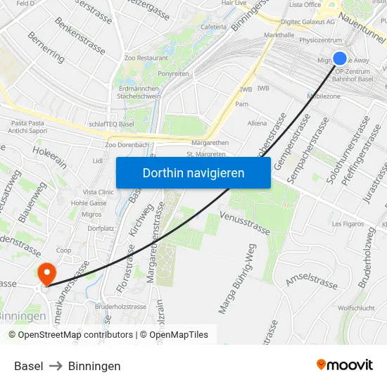 Basel to Binningen map