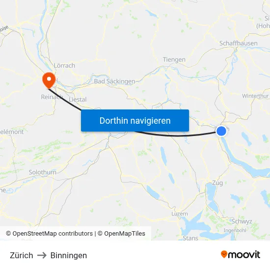 Zürich to Binningen map