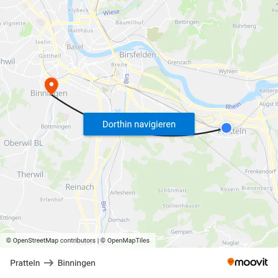 Pratteln to Binningen map