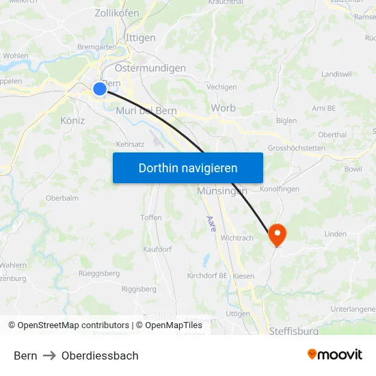 Bern to Oberdiessbach map