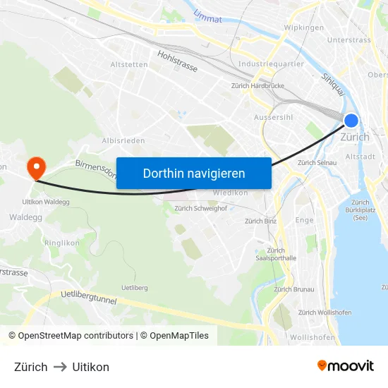 Zürich to Uitikon map