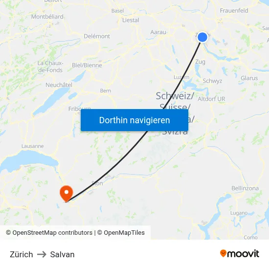 Zürich to Salvan map