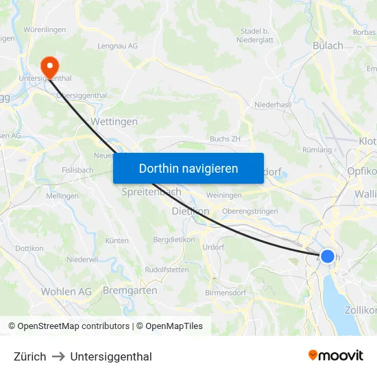 Zürich to Untersiggenthal map