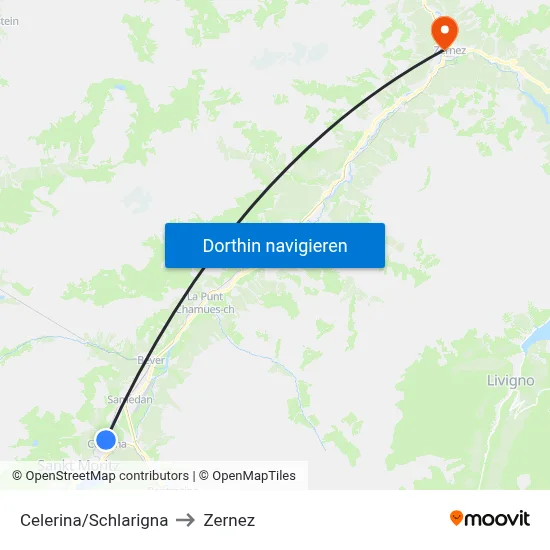 Celerina/Schlarigna to Zernez map