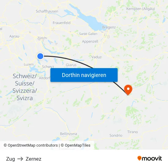 Zug to Zernez map