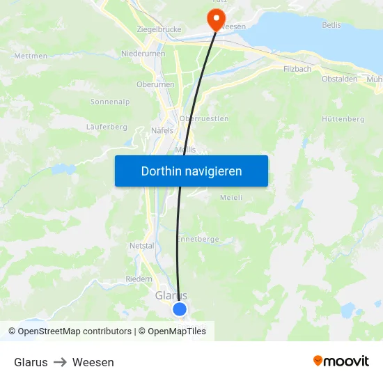 Glarus to Weesen map