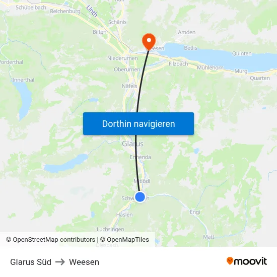 Glarus Süd to Weesen map