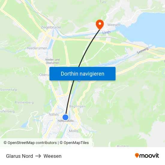 Glarus Nord to Weesen map