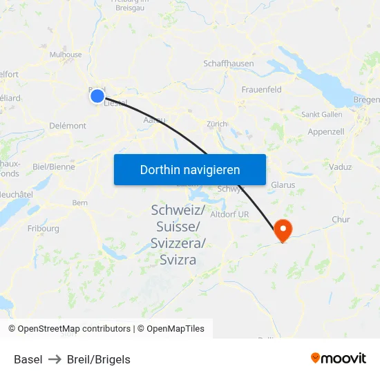 Basel to Breil/Brigels map