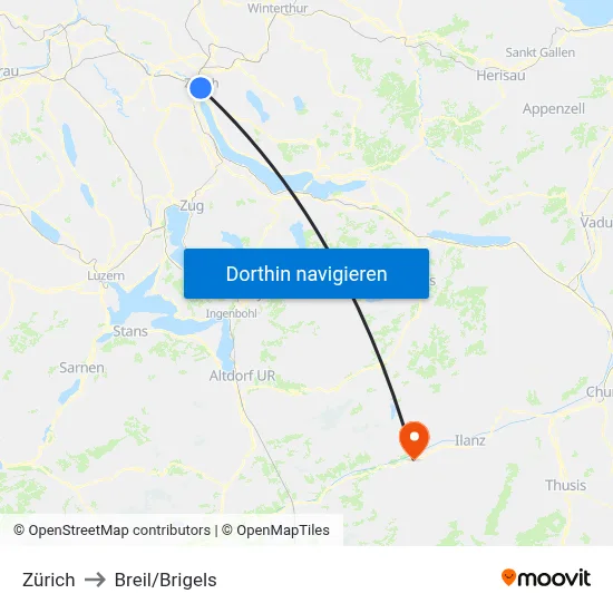 Zürich to Breil/Brigels map