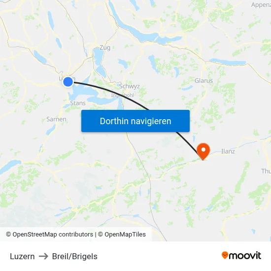 Luzern to Breil/Brigels map