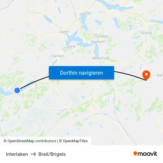 Interlaken to Breil/Brigels map