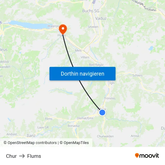 Chur to Flums map