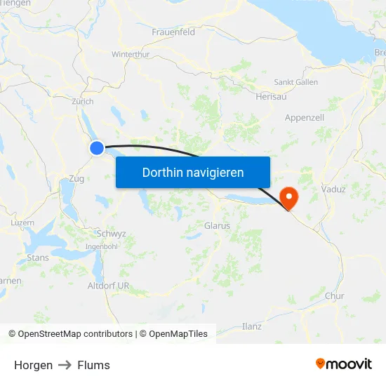 Horgen to Flums map