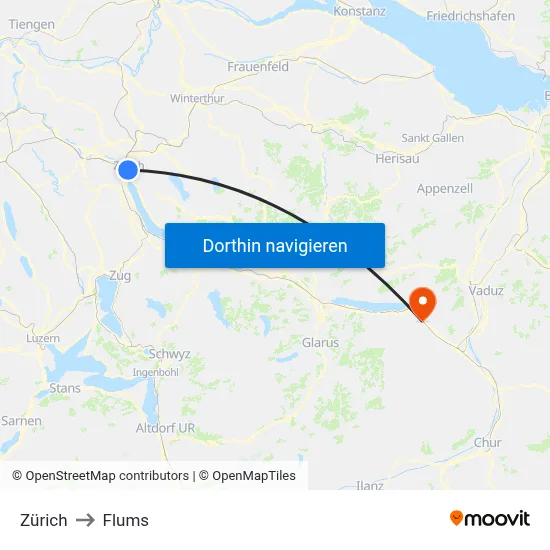 Zürich to Flums map