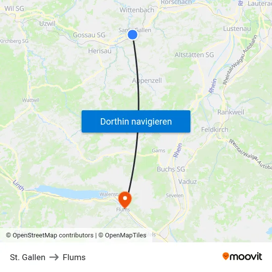 St. Gallen to Flums map