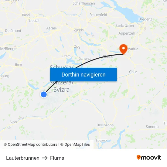 Lauterbrunnen to Flums map