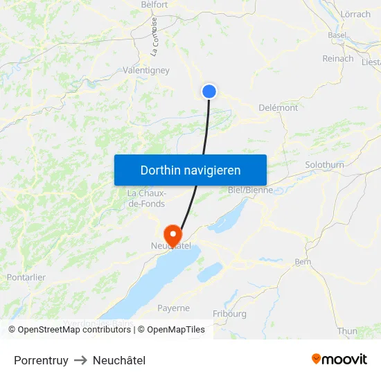 Porrentruy to Neuchâtel map