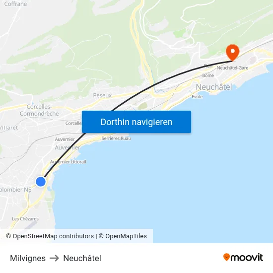 Milvignes to Neuchâtel map