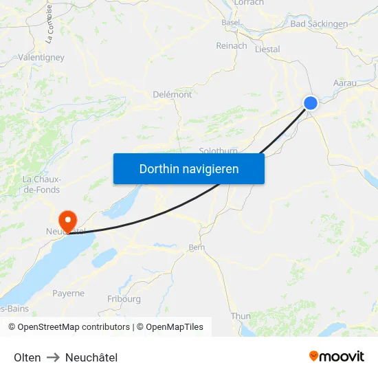 Olten to Neuchâtel map