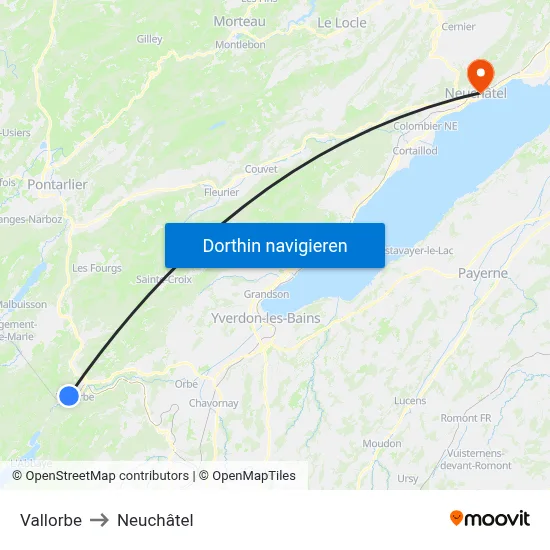 Vallorbe to Neuchâtel map