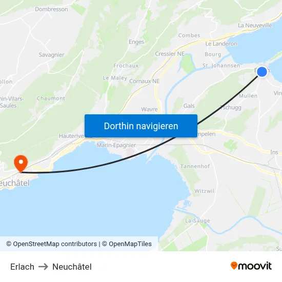 Erlach to Neuchâtel map