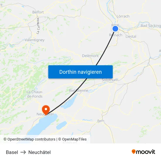 Basel to Neuchâtel map