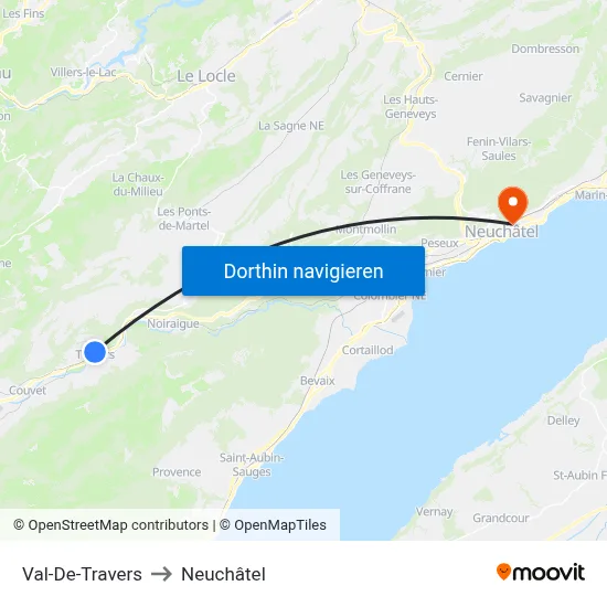 Val-De-Travers to Neuchâtel map