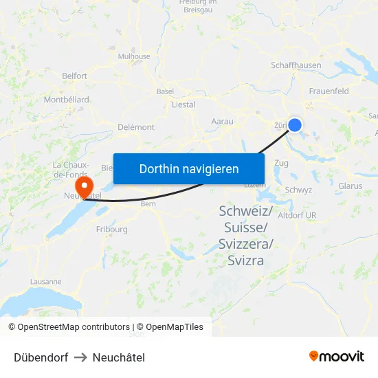 Dübendorf to Neuchâtel map