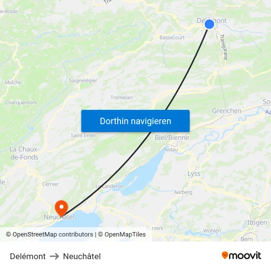 Delémont to Neuchâtel map