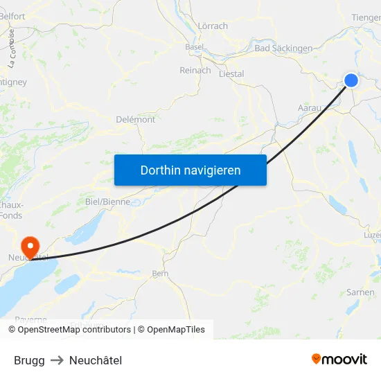 Brugg to Neuchâtel map