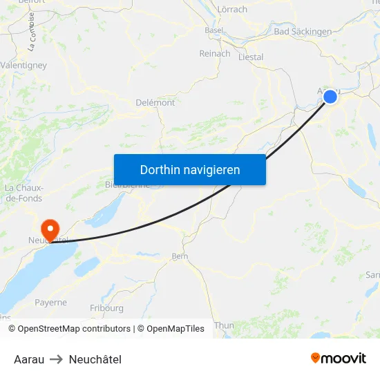 Aarau to Neuchâtel map