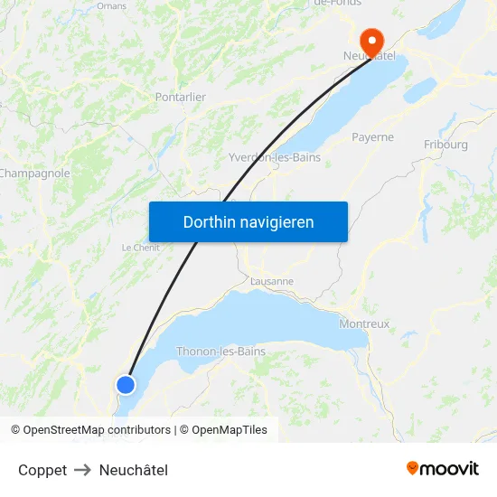 Coppet to Neuchâtel map