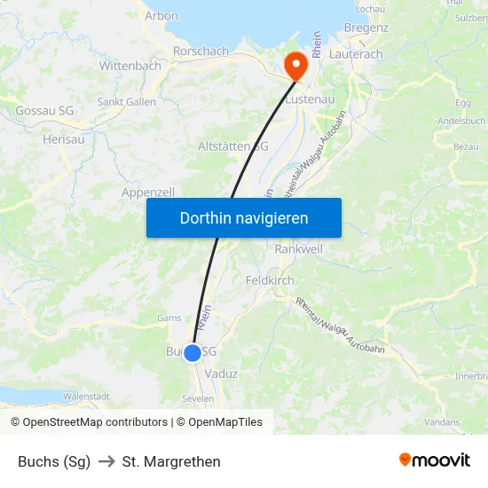 Buchs (Sg) to St. Margrethen map
