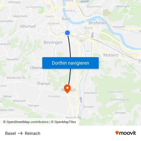 Basel to Reinach map