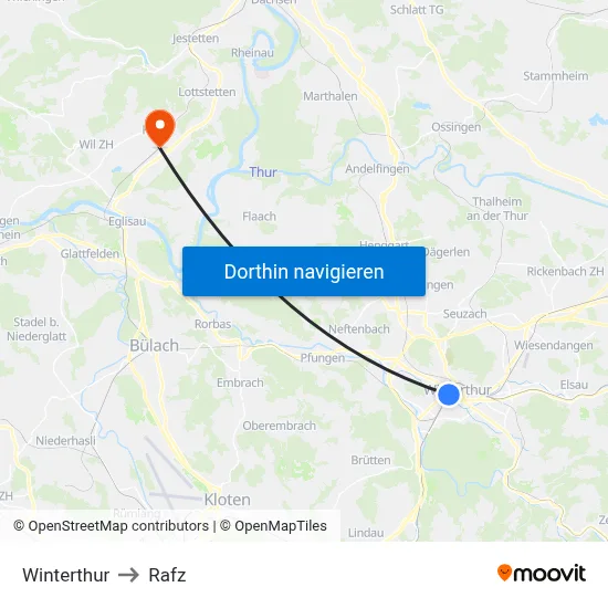 Winterthur to Rafz map