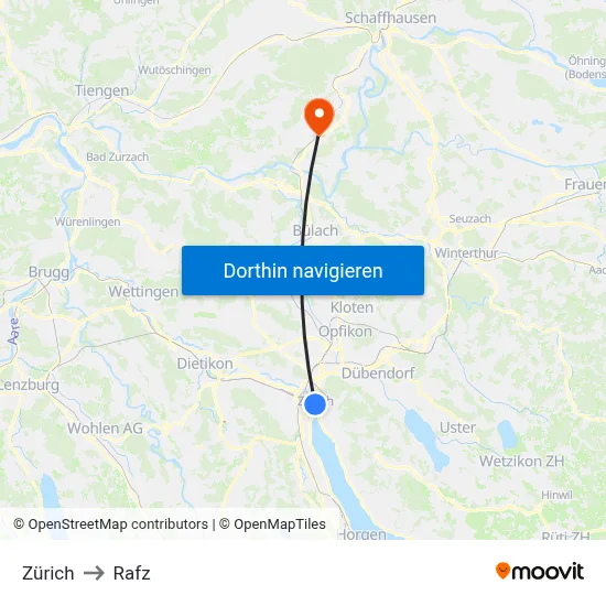 Zürich to Rafz map