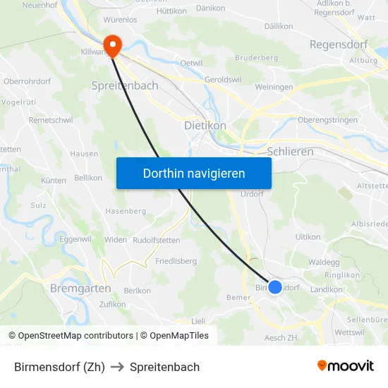 Birmensdorf (Zh) to Spreitenbach map