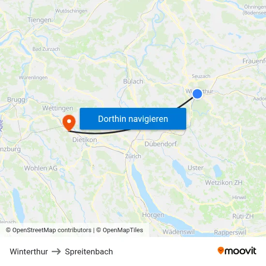 Winterthur to Spreitenbach map