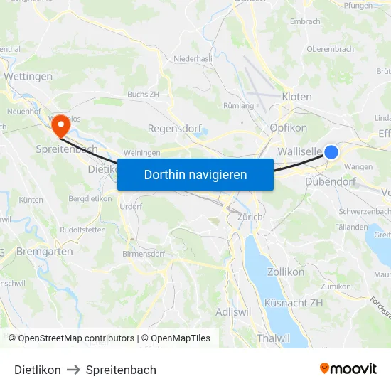 Dietlikon to Spreitenbach map