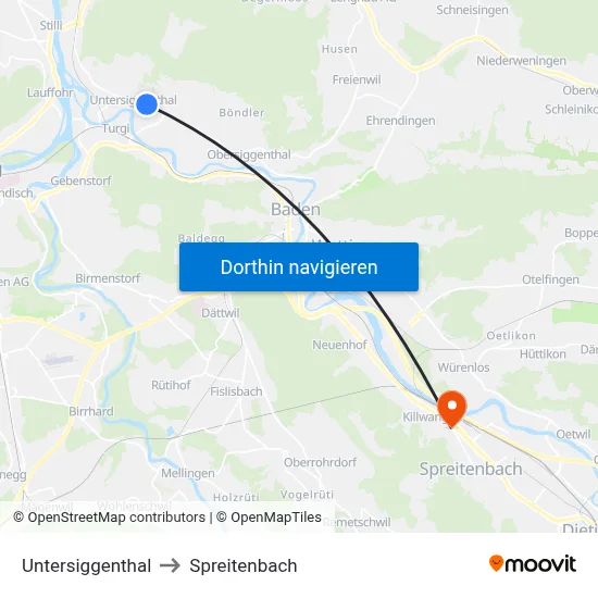 Untersiggenthal to Spreitenbach map