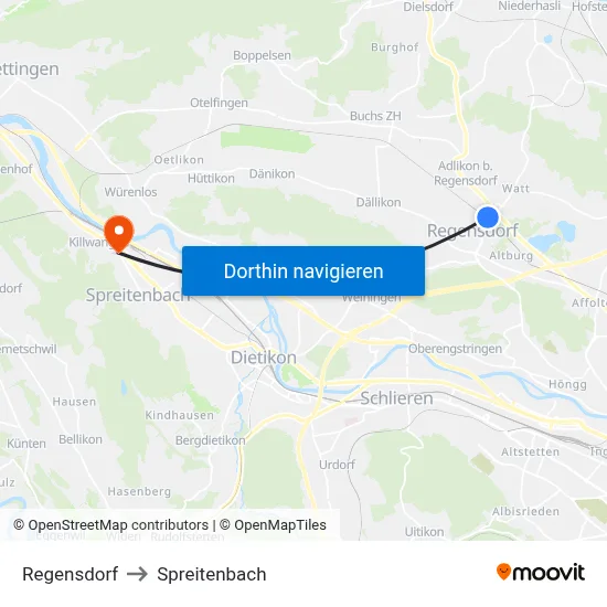 Regensdorf to Spreitenbach map
