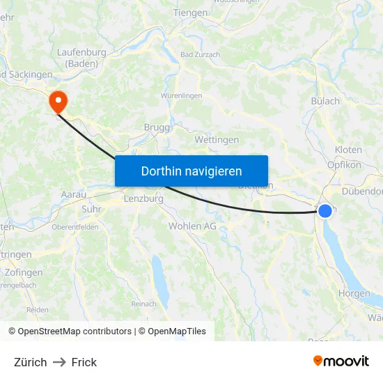 Zürich to Frick map