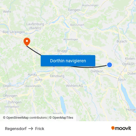 Regensdorf to Frick map