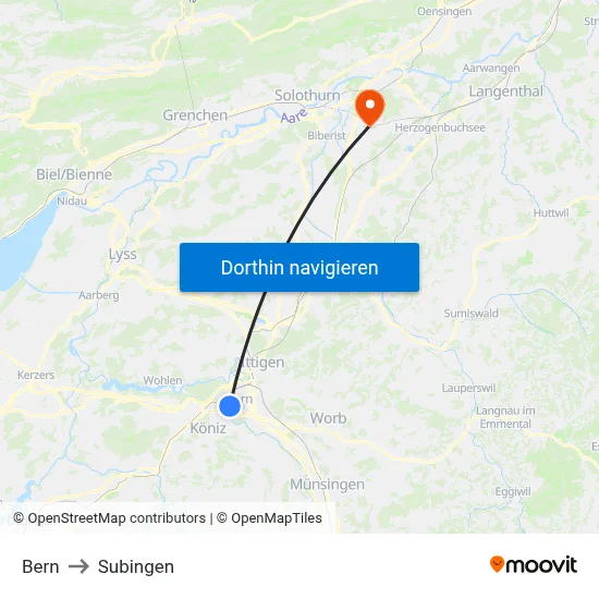 Bern to Subingen map
